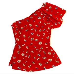 Sugarlips One Shoulder Red Floral Peplum Top Sz XS